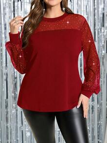 SHEIN Clasi Plus Size Women's Elegant Glamorous Patchwork Sheer Mesh Rhinestone Embellished Blouse, Suitable For Spring/Autumn Party - Rose Red - View 6