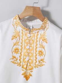 Vacaura 中东风格男童长袍，饰有花卉滚边，半开领长衬衫，适合日常和节日穿着。 - 白色 - 查看 6