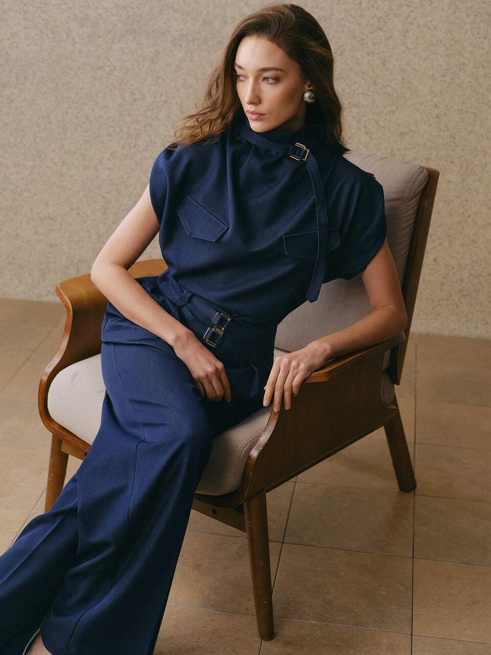 Vintage Design Double Belt Buckle Decor Super High Waist Casual Draping Women's Suit Pants, Spring/Summer Navy Blue Wide Leg Pleated