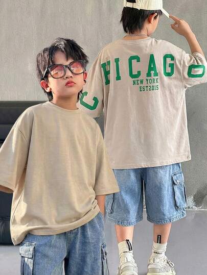 Tween Boy Summer Casual Daily Commute Letter Print Dropped Shoulder Loose T-Shirt And Cargo Denim Shorts Set