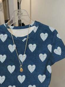 Resyla 女士休闲日常通勤全幅爱心印花短袖T恤，夏季 - 彩色 - 查看 3