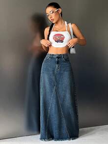 SHEIN ICON Gonna di jeans casual alla moda, stile urban chic, adatta per uso quotidiano, con orlo sfrangiato e lunghezza extra lunga - Blu lavato scuro - Visualizzare 5