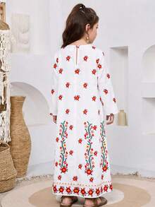SHEIN Young Girl Floral Print Round Neck Long Sleeve Dress, White Autumn Family Matching Traditional Arabic Dress, Modest Kaftan Young Girls Jalabiya Abaya - Multicolor - View 8