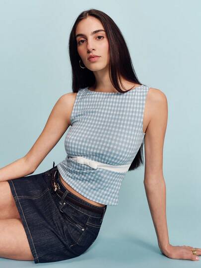 lacRébo Top sin mangas ajustado de estilo vintage francés y parisino con detalles de lazo en la cintura con contraste blanco y tela de cuadros azul