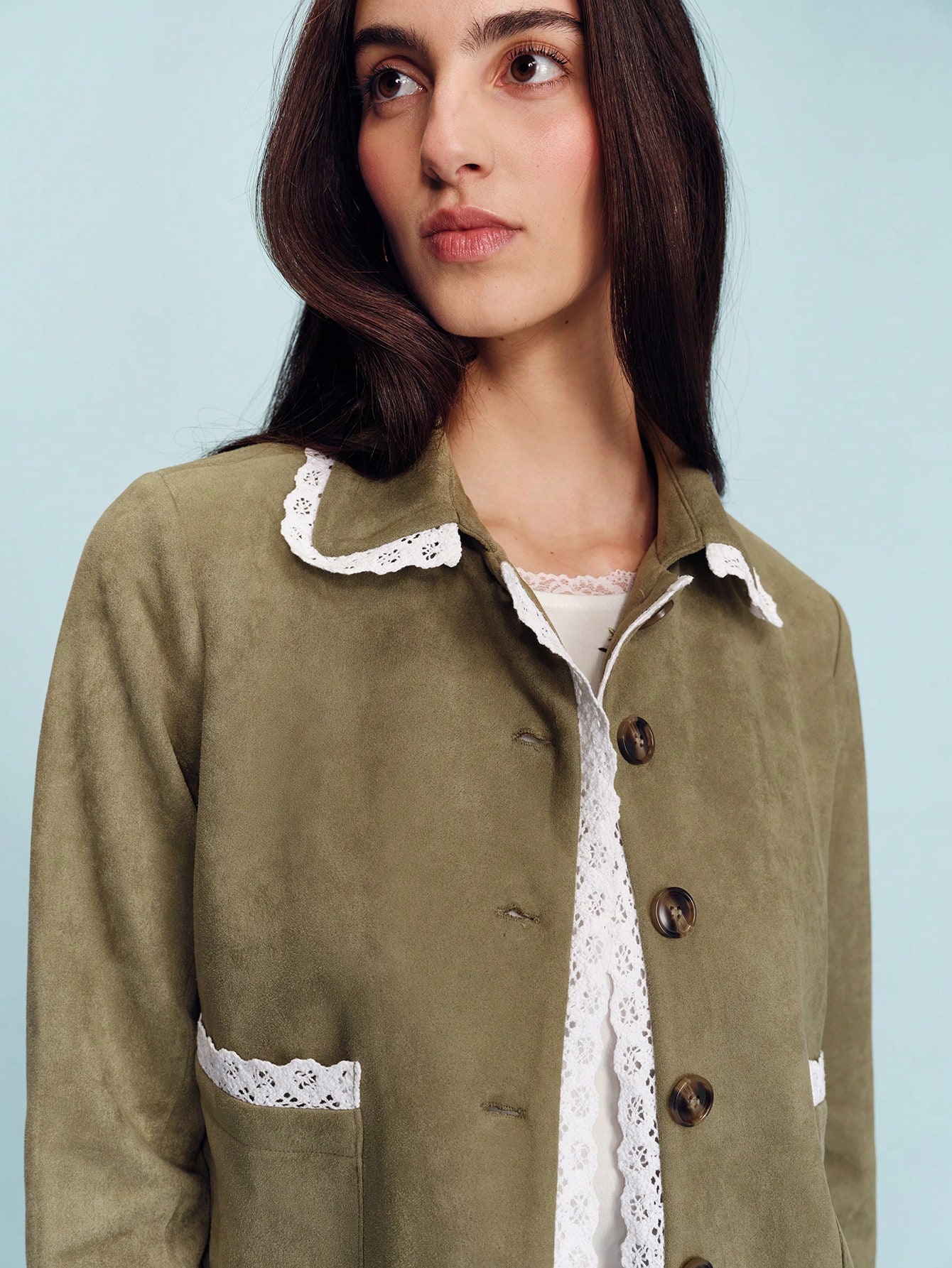Khaki Suede Effect Jacket With Contrast White Lace Trim Button Front And Patch Pockets Cute Vintage Romantic Outerwear French Style Parisian Style