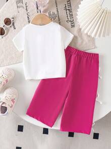 SHEIN 2件套女婴针织白色和粉色牛仔蝴蝶结装饰短袖上衣T恤和直筒裤套装，时尚休闲女童装 - 白色 - 查看 2