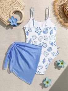 SHEIN Conjunto de traje de baño de una pieza con tirantes finos y falda pareo con estampado de conchas marinas para niña preadolescente en vacaciones de verano - Azul - Ver 3