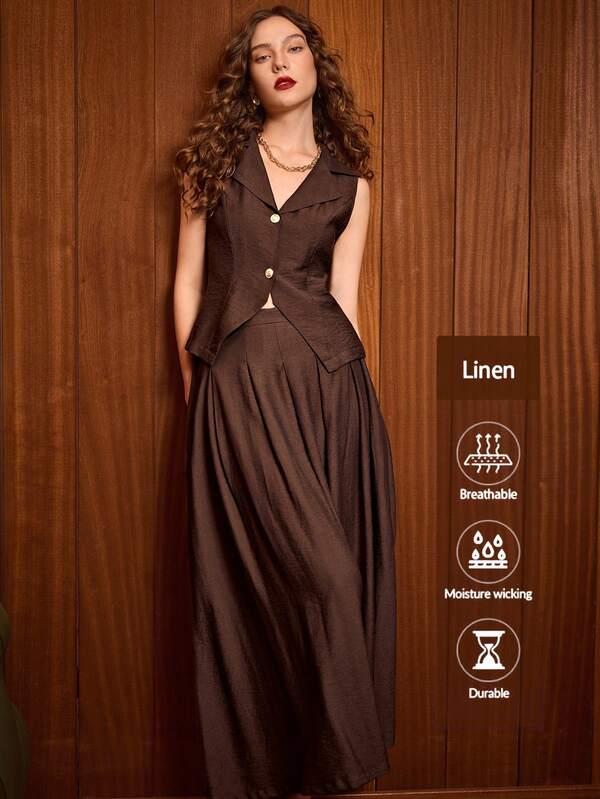 Uhlyne French Elegant Shirt Collar Vest Pleated Skirt 2-Piece Set, Refined Vintage Style, Suitable For Casual, Work, Party, Afternoon Tea