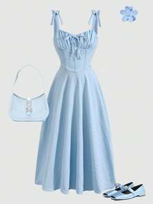 Girlism Tween Girls' Summer Casual Chest Ruched Cami A-Line Dress - Dusty Blue - View 3