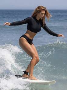 Swim SPRTY 1 Bộ đồ bơi Tankini tay dài ôm vừa vặn màu trơn cho nữ, dành cho kỳ nghỉ hè ở bãi biển - màu đen - Xem 3