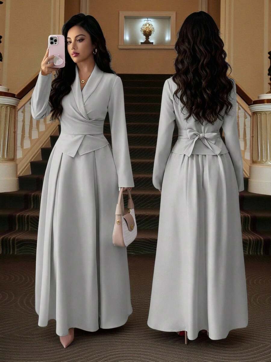 Rafferiza 2 peças/Conjunto Camisa Casual de Amarrar e Saia Longa Plissada em A-Line com Cintura Elástica para Mulheres - Cinza - Visão 1