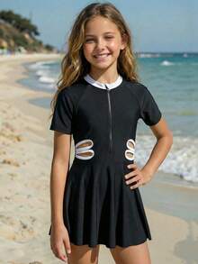 Emery Rose Kids Emery Rose Kids 3件套女童镂空腰短袖翻领泳衣、泳装和泳帽套装 - 黑色 - 查看 10