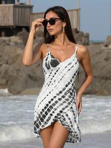 Breezaya 细肩带满布花卉印花和服罩衫，休闲与假日夏季 - 黑與白 - 查看 2