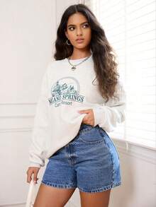 SHEIN ICON Quần short denim cạp cao kiểu vintage dành cho nữ cỡ lớn, dáng chữ A, ống rộng, thoải mái, đa năng. - Rửa trung bình - Xem 7