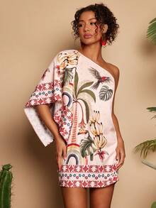 Travachic Women's Tropical Plant Print Fashionable Mini Halter Dress, Suitable For Vacation - Multicolor - View 5