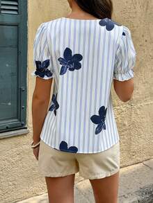 Louniche Women's Casual Vacation Floral & Striped Print Ruffle Trim Short Sleeve Loose Blouse, Summer - Blue - View 2