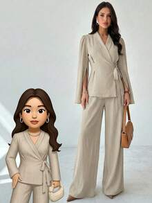 Firerie 2pcs Women's Apricot Tie-Up Split Sleeve Mandarin Collar Top And Elastic Waist Wide Leg Pants Set, Apricot Suit, Mandarin Collar Suit, Apricot Suit, Elegant, Commute, Casual, Business, Workwear, Teacher's Day, Back To School,Spring Outfit Women - Apricot - View 2