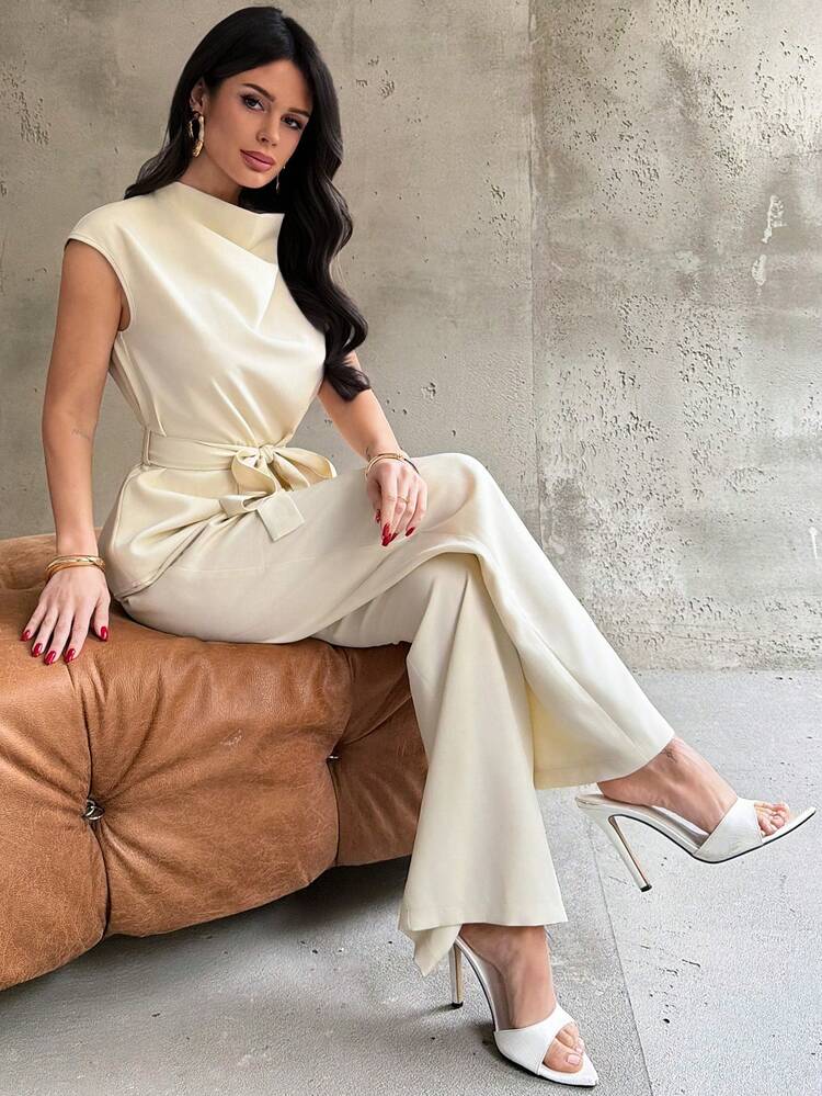 Firerie طقم ملابس علوية وبنطلون عريض الساق من قطعتين للنساء، ملابس علوية بياقة منسدلة وأكمام منتفخة وخصر ضيق، وبنطلون عالي الخصر واسع الساق، باللون البيج، موضة جديدة للارتداء اليومي والخروج - لون مشمشي - مشاهدة 6