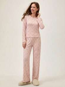 Loomlin Women's Ditsy Floral Round Neck Long Sleeve Top And Pants Pajama Set Floral Pajama Set Womens Pajama Set Two Piece Pajama Set Long Sleeve Pajama Set Round Neck Pajama Set - Pink - View 5