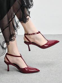 CUCCOO BIZCHIC Women's Pointed Toe Buckle Design Fashionable High Heels, Versatile For Daily Wear - Burgundy - View 2