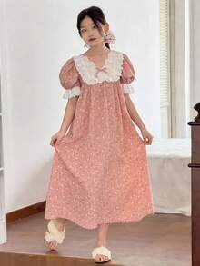 SHEIN 青少年女孩碎花V領長袖寬鬆休閒睡裙，度假與居家碎花長袖洋裝 - 粉色 - 查看 3