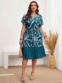 Miaspire Gaun Liburan Kasual Ukuran Besar dengan Motif Bunga dan Patchwork, Gaun Musim Panas - Dark Green - View 3