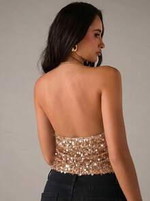 SHEIN BAE Canotta aderente da donna con scollo a V, spalline sottili, collo a canottiera e decorazioni in paillettes, senza schienale - Castano - Visualizzare 2