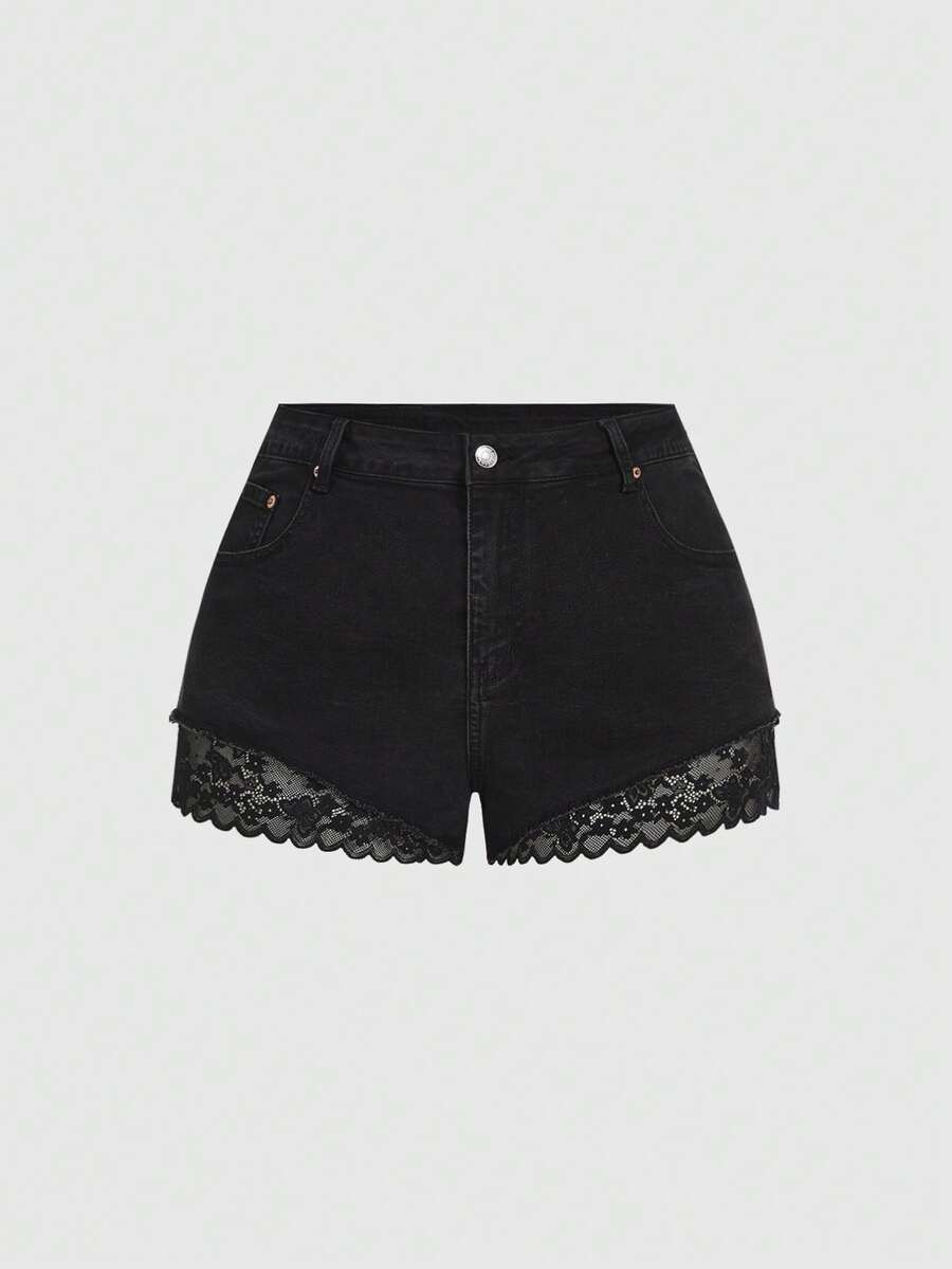 ROMWE Grunge Punk Plus Size Lace Patchwork Slimming Sexy Denim Shorts - Black - View 1