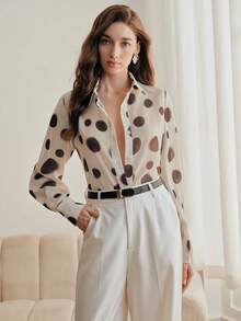 Anewsta Áo kiểu tay dài cổ polo mỏng nhẹ, nhuộm tie-dye chấm bi cổ điển dành cho nữ, thích hợp cho mùa xuân/hè. - Nhiều màu - Xem 1