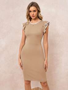 SHEIN Clasi Đầm nữ cổ tròn ôm sát, viền tương phản, tay loe. - Màu Khaki - Xem 7