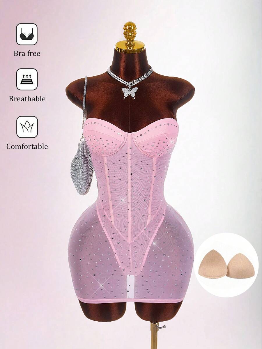 Amplova Gold Sequin Embellished Low-Cut Backless Mini Bodycon Party Dress Slay Diva Dress Sexy Dress For Club - Pink - View 1