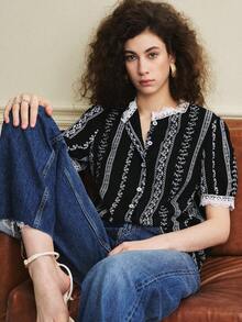 Écloséra 新款优雅休闲纯色圆领荷叶边短泡泡袖透明纽扣女式衬衫，春夏款 - 黑色 - 查看 4