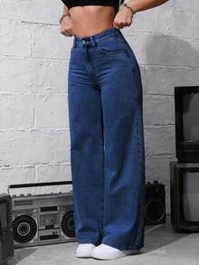 SHEIN Tall Women's Solid Color Slant Pocket Casual Straight-Leg Jeans - Dark Wash - View 3