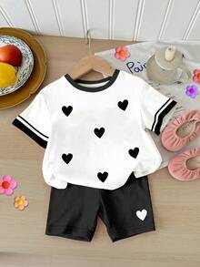 SHEIN 2件套女婴休闲简约迷你爱心图案黑色条纹圆领短袖T恤和打底裤套装，适合春夏日常穿着、度假、Y2K风格、可爱、舒适、儿童日常时尚、儿童秋季时尚、秋季新款、花开时尚、女童套装、两件套、价格实惠、时尚、周末穿搭、儿童套装、紫色婴儿夏季套装、情人节 - 彩色 - 查看 2