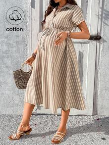 SHEIN 孕妇条纹蝙蝠袖系腰休闲衬衫裙 - 卡其色 - 查看 1
