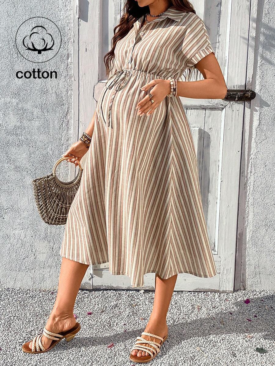 SHEIN 孕妇条纹蝙蝠袖系腰休闲衬衫裙 - 卡其色 - 查看 1