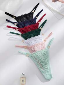 SHEIN Conjunto de 14 piezas de bragas tipo tanga de mujer con encaje floral y decoración de diamantes de lujo - Multicolor - Ver 3