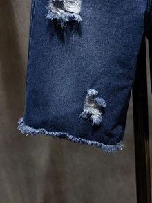 Tween-Jungen Jeans im Used-Look, mittelblau, lässiger Preppy-Style, Sommerurlaubs-Vibe, gerade, locker sitzend, bequemer Denim, geeignet für Schule, Outdoor-Aktivitäten - Blau - Übersicht 7