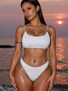 Women's Faux Pearl Decor Spaghetti Strap Bikini Set Summer - White - View 4