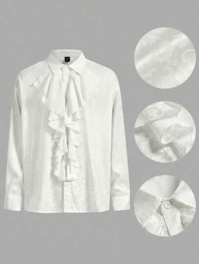 Street Life Chemise décontractée à manches longues minimaliste de couleur unie avec bordure à volants pour hommes