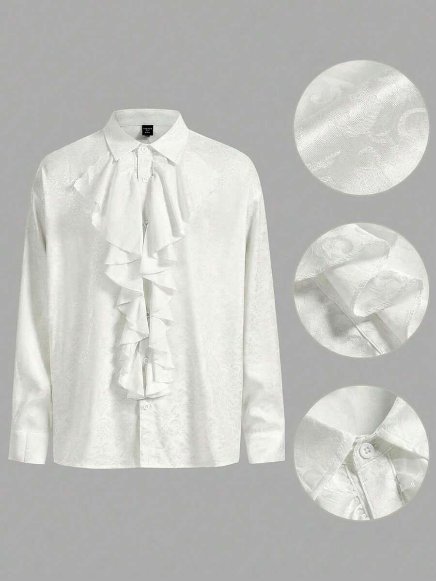 ROMWE MEN Goth Áo sơ mi nam tay dài đơn giản, tối giản, màu trơn, có viền bèo nhún - trắng - Xem 1