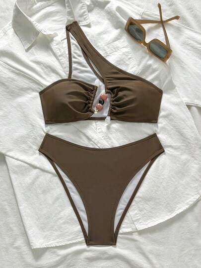 Swim Chiccia Women's Summer Sexy Beach Vacation Style Solid Color Beaded Decor Ruched Bust Halter Split Bikini Set