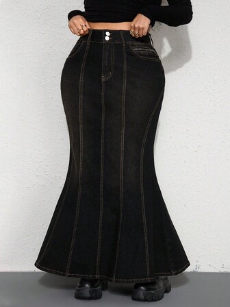 Grunge Punk Plus Size Vintage Rivet Distressed Wash Denim Fish Tail Skirt