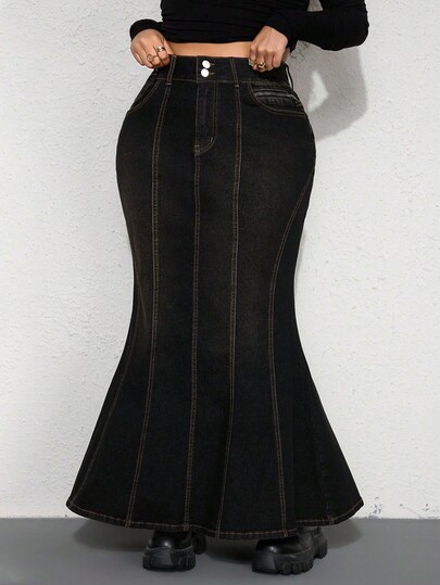 Grunge Punk Gonna di jeans vintage con rivetti e lavaggio consumato, taglio a coda di pesce, taglie comode