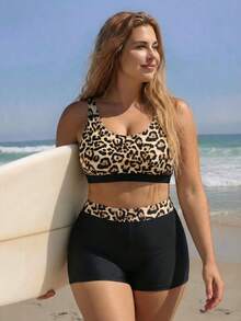 SHEIN Swim SPRTY Plus Size Leopard Print Bikini Set, Beach & Holiday Bikini Set - Multicolor - View 1