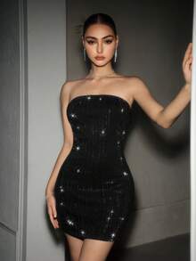 SHEIN BAE 女士夏季时尚水钻装饰牛仔吊带裙 - 黑色 - 查看 6