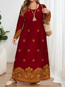 EMERY ROSE Sparkly Floral Print Plus Size Long Sleeve Round Neck Dress, Suitable For Holidays,Vacation/Summer/Spring - Multicolor - View 4