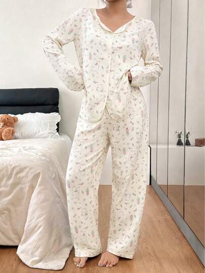 Pijamas mujeres conjuntos de mujer Estampado Suave al Tacto Conjunto de Piyama de Manga Larga Estilo Dulce y Adorable Cardigan para Uso Doméstico Almacén Local, pijamas mujeres,conjuntos de mujer,Almacén local