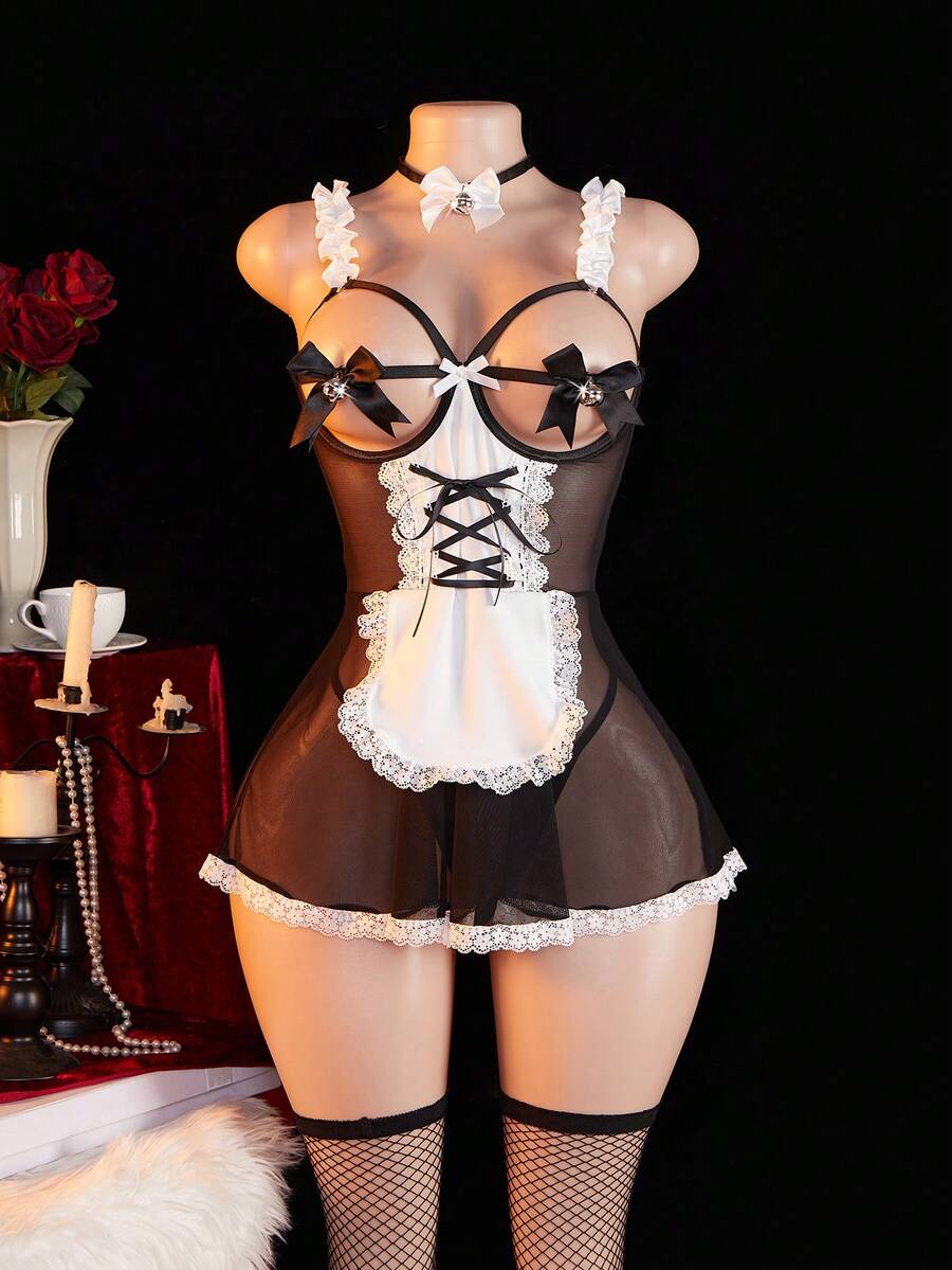 Valentine's Day Women's Sexy Lingerie Set: Hollow Out Ruffle Bell Nightgown, Fishnet Stockings & Choker, 5pcs
