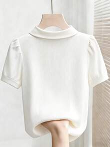 SHEIN Franclia 纯色优雅都市通勤风休闲浪漫女式T恤 - 白色 - 查看 2